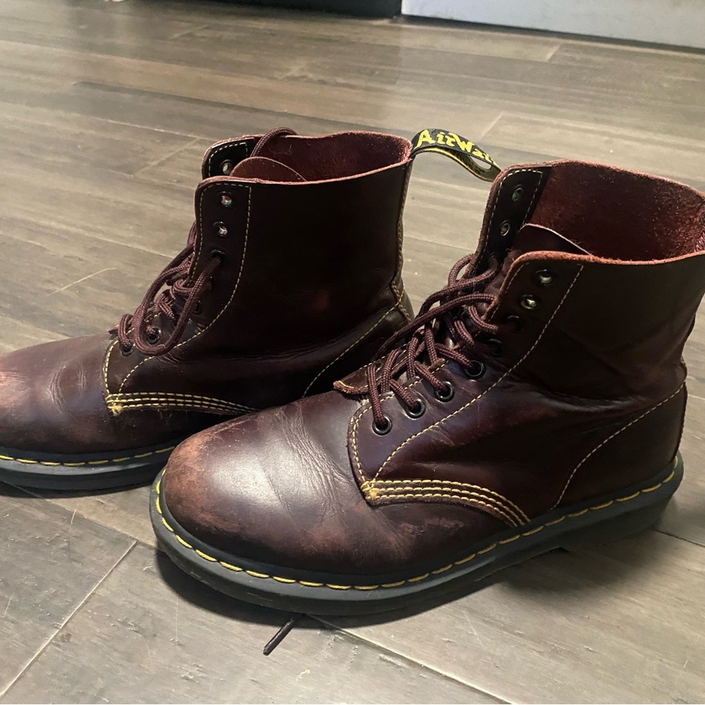 Dr. Martens oxblood Leather Combat Boots with Yellow Stitching